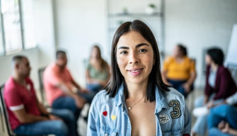 A social worker smiles while interacting with clients, representing the path to becoming a social worker in Australia.