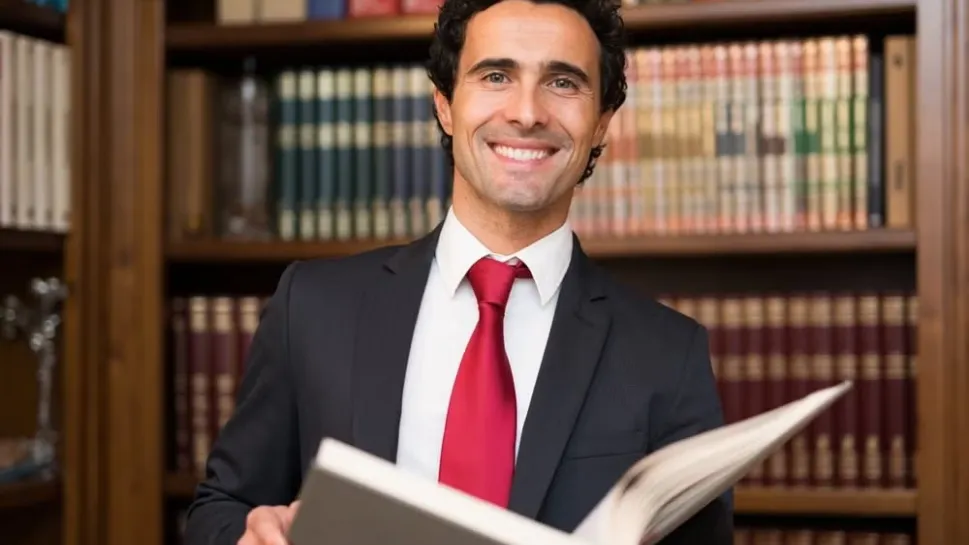 A lawyer in a suit smiles in front of a bookshelf full of law books, representing reasons to study law