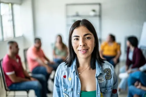 A social worker smiles while interacting with clients, representing the path to becoming a social worker in Australia.