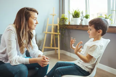 A school counsellor meets attentively with a student in a calm and welcoming school environment.