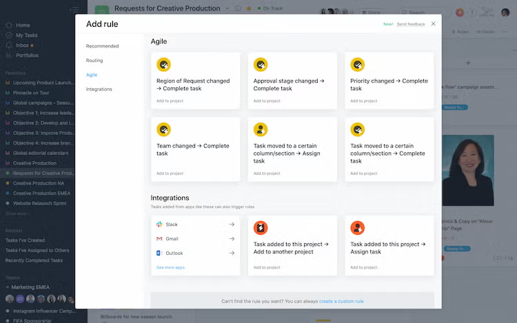 Asana's project management interface showing agile automation rules for team task management