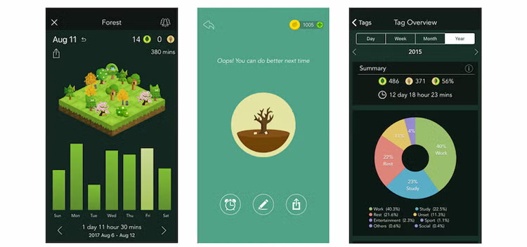 The Forest productivity app is shown across mobile devices, helping students stay focused by planting virtual trees