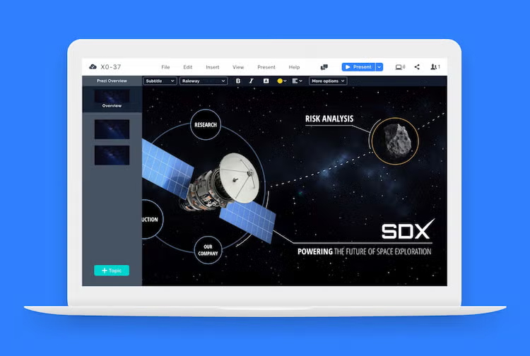 A Prezi editor interface shows a space-themed interactive presentation for student use