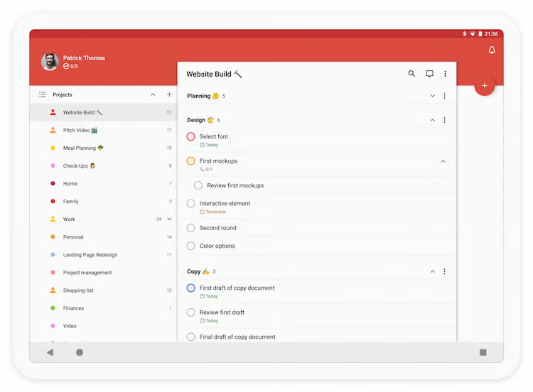 A screenshot of the Todoist app showing a project task list organised for student productivity