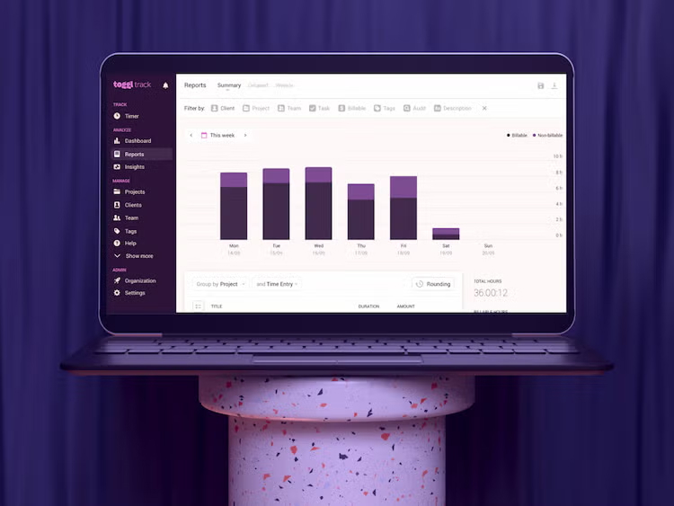 A laptop displays the Toggl Track time-tracking dashboard showing weekly hour summaries for students