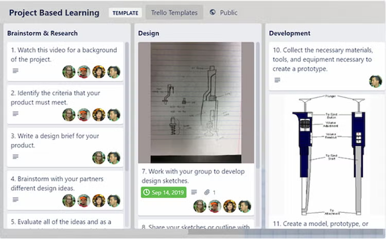 A Trello board displays a project-based learning template with tasks organised across multiple columns